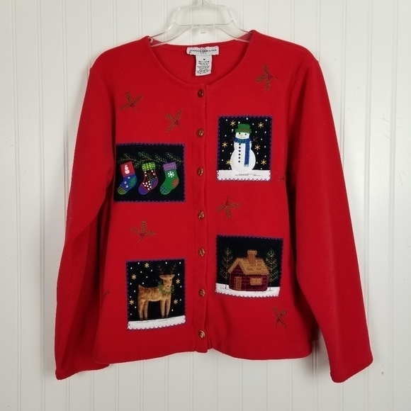 Boxy Fleece Cardigan Shirt Jacket Button Christmas Red Soft Snowman Winter Scene - Picture 7 of 7